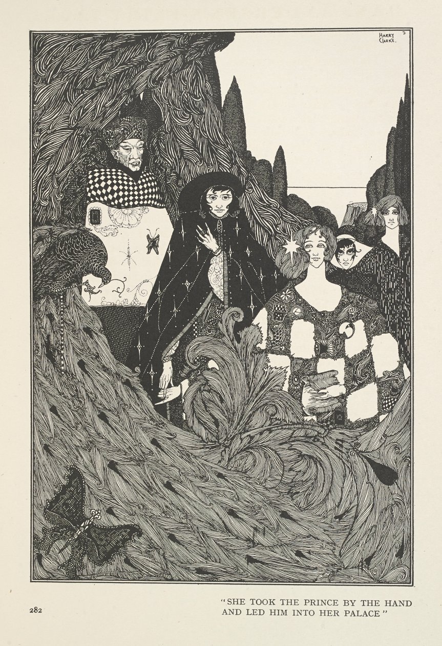 Paratiisin puutarha. Hän otti prinssin kädestä ja vei tämän palatsiinsa. tekijältä Harry Clarke