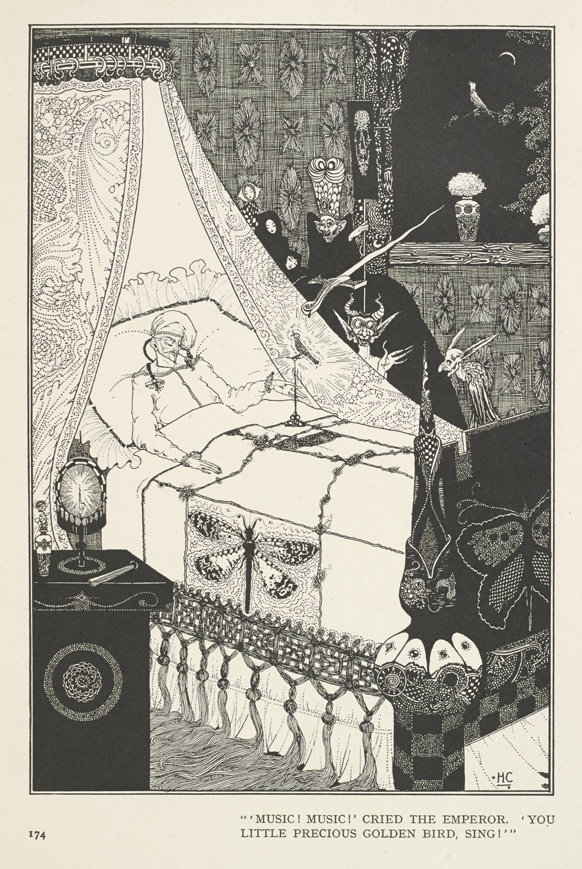 Nightingale. "Musiikkia! Musiikkia!" huusi keisari. "Sinä pieni kallis kultainen lintu, laula!" tekijältä Harry Clarke