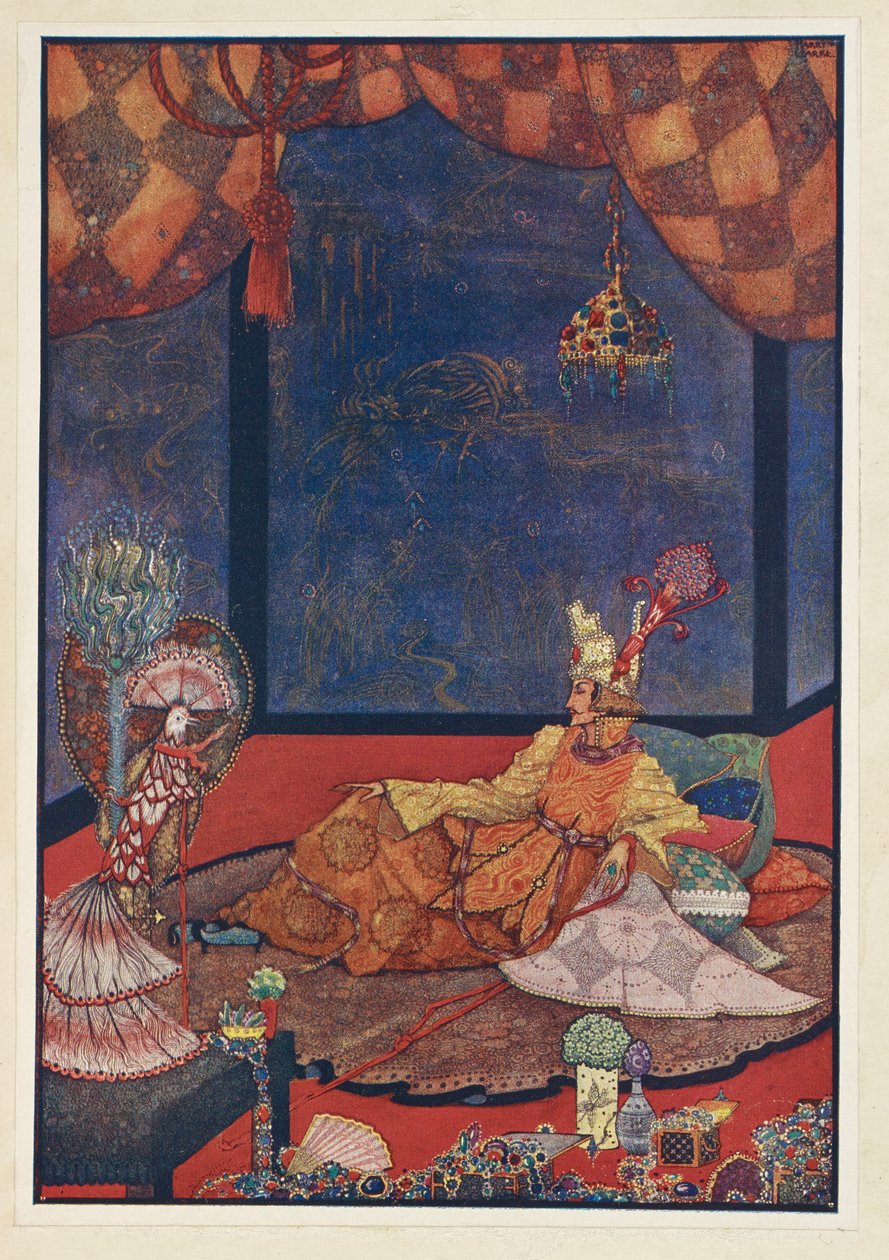 Nightingale. Keinotekoisen linnun paikka oli silkkityynyllä lähellä keisarin sänkyä. tekijältä Harry Clarke