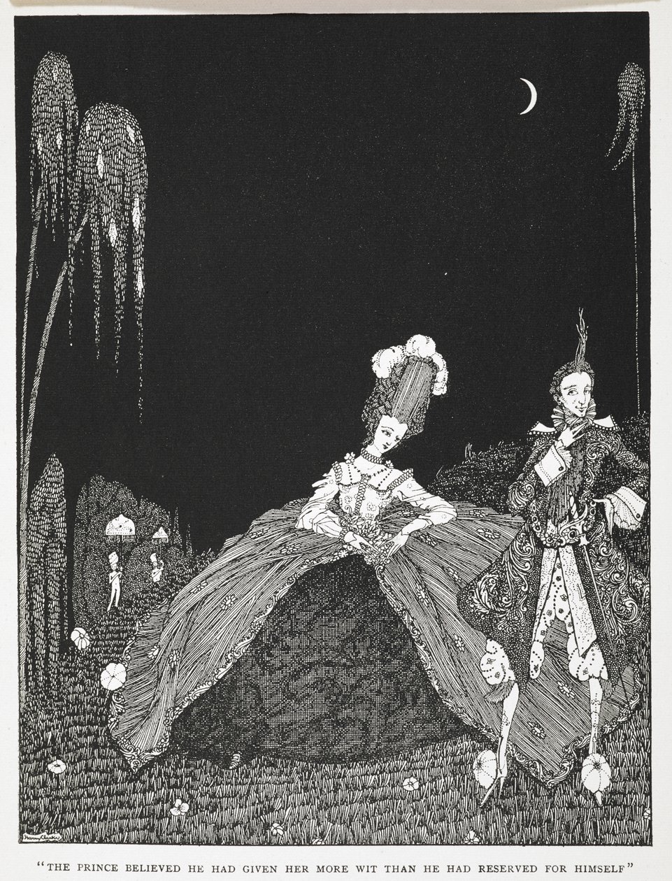 "Prinssi uskoi, että hän oli antanut hänelle enemmän järkeä kuin hän oli varannut itselleen." Kuvitus tarinalle "Riquet with the tuft". tekijältä Harry Clarke
