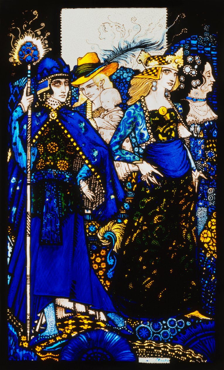 The Queens of Sheba, Meath ja Connaught". "Queens", yhdeksän lasipaneelia hapotettuna, petsattu ja maalattu, kuvitus J.M. Syngen runo, 1917 tekijältä Harry Clarke