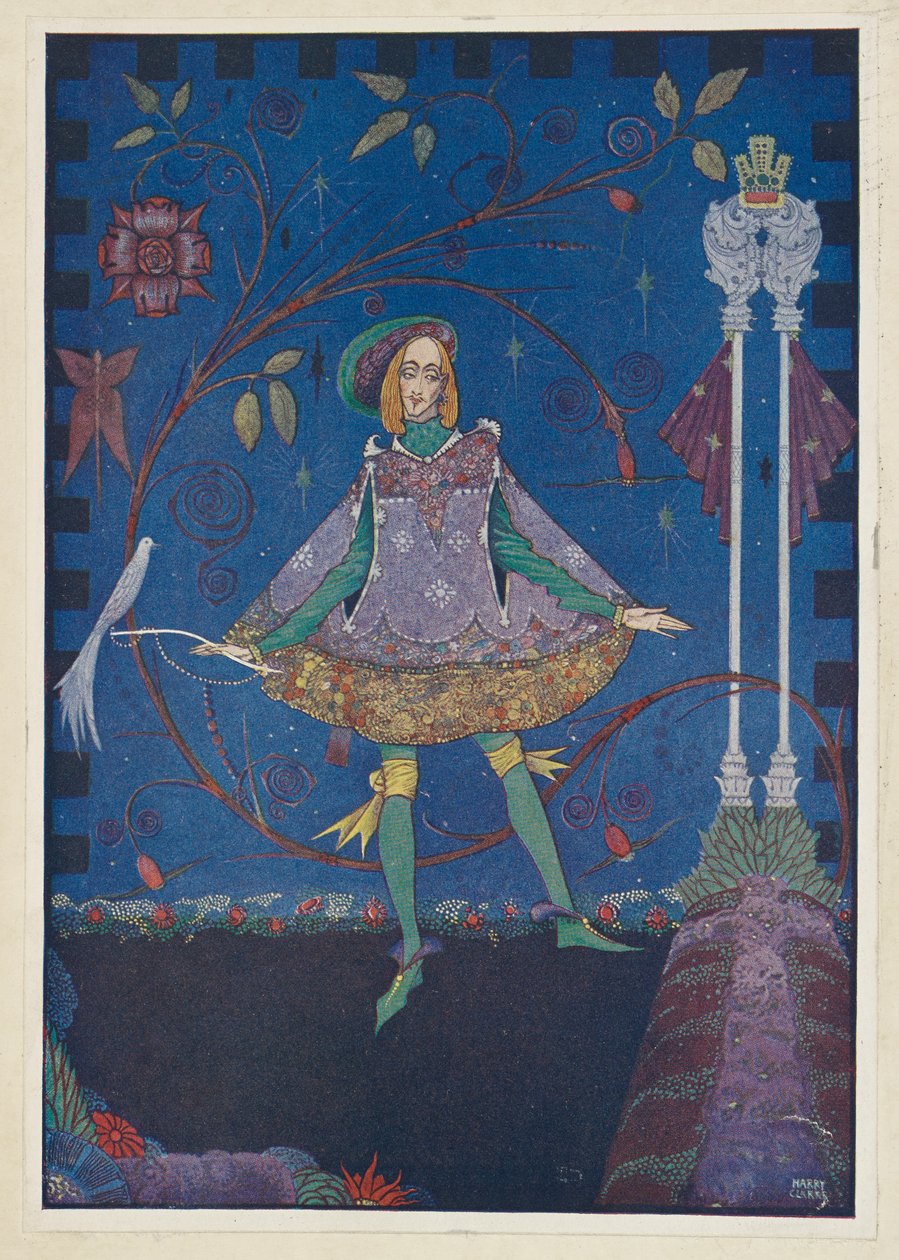Sikapaimen. Prinssin isän haudalla kasvoi ruusupensas, kuvitus Hans Christian Andersonin teoksesta "Fairy Tales" tekijältä Harry Clarke