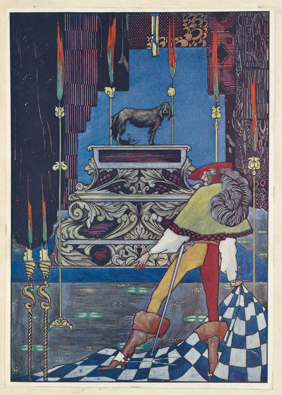 Tinder Box Siellä istui koira, jolla oli teekuppien kokoiset silmät. tekijältä Harry Clarke