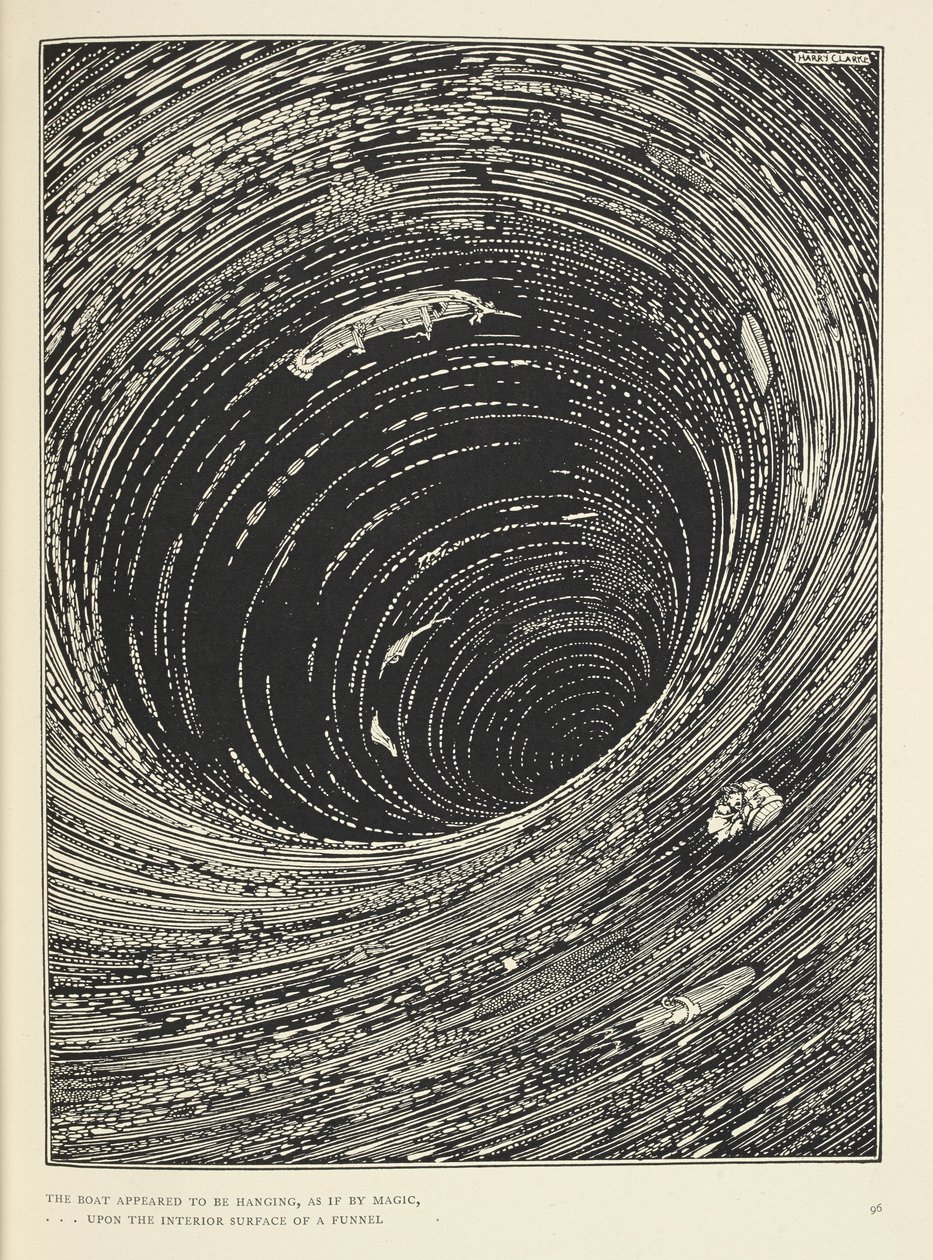 "Vene näytti roikkuvan, ... suuren ympärysmittaisen suppilon sisäpinnalla." Kuvitus tarinalle "A Descent into the Maelstrom". tekijältä Harry Clarke