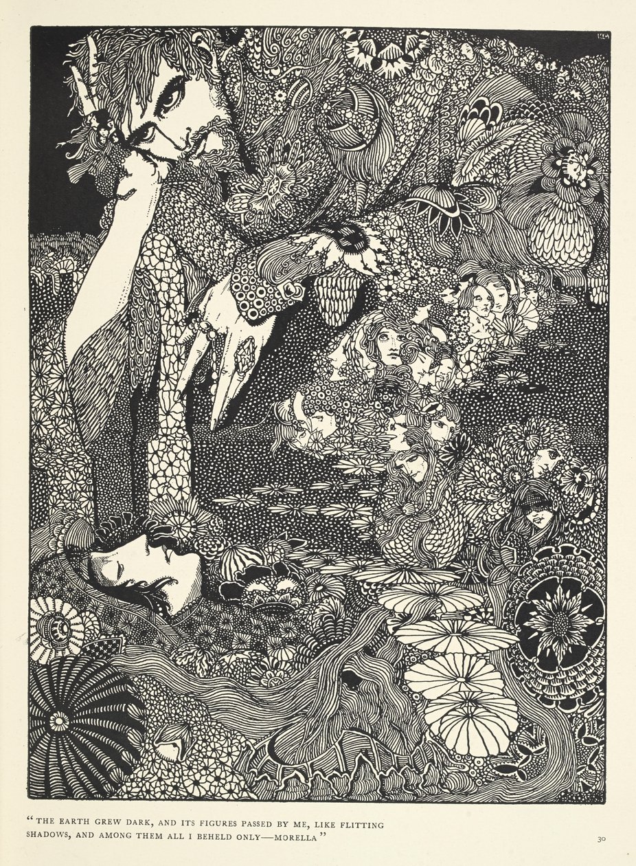 "Maa tummui, ja sen hahmot kulkivat ohitseni kuin lentävät varjot... Morella." Kuvitus tarinalle "Morella". tekijältä Harry Clarke
