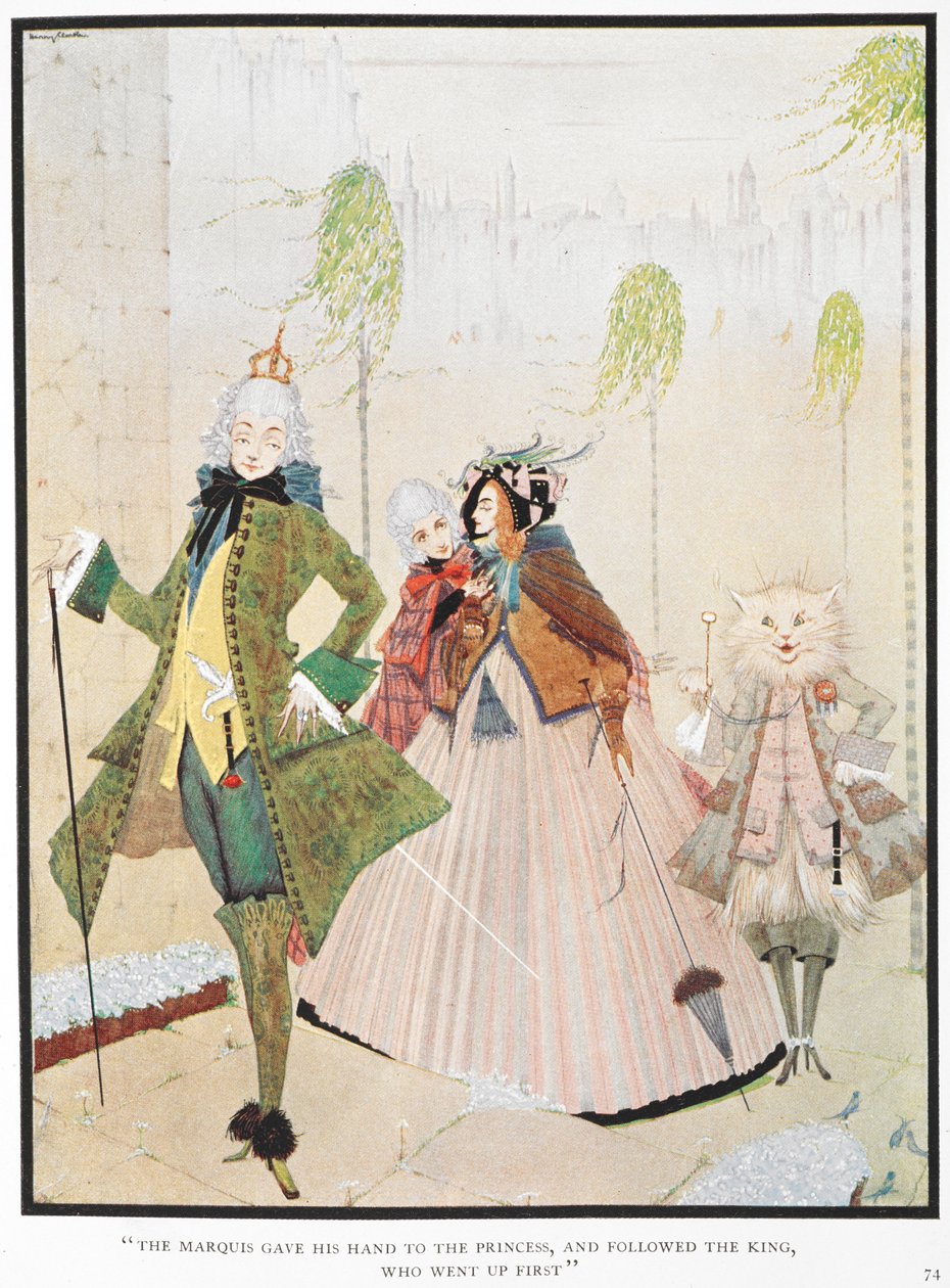 "Markiisi ojensi kätensä ruhtinaille ja seurasi kuningasta, joka nousi ensimmäisenä." Kuvitus tarinalle "mestarikissa tai saappaissa oleva pussi". tekijältä Harry Clarke