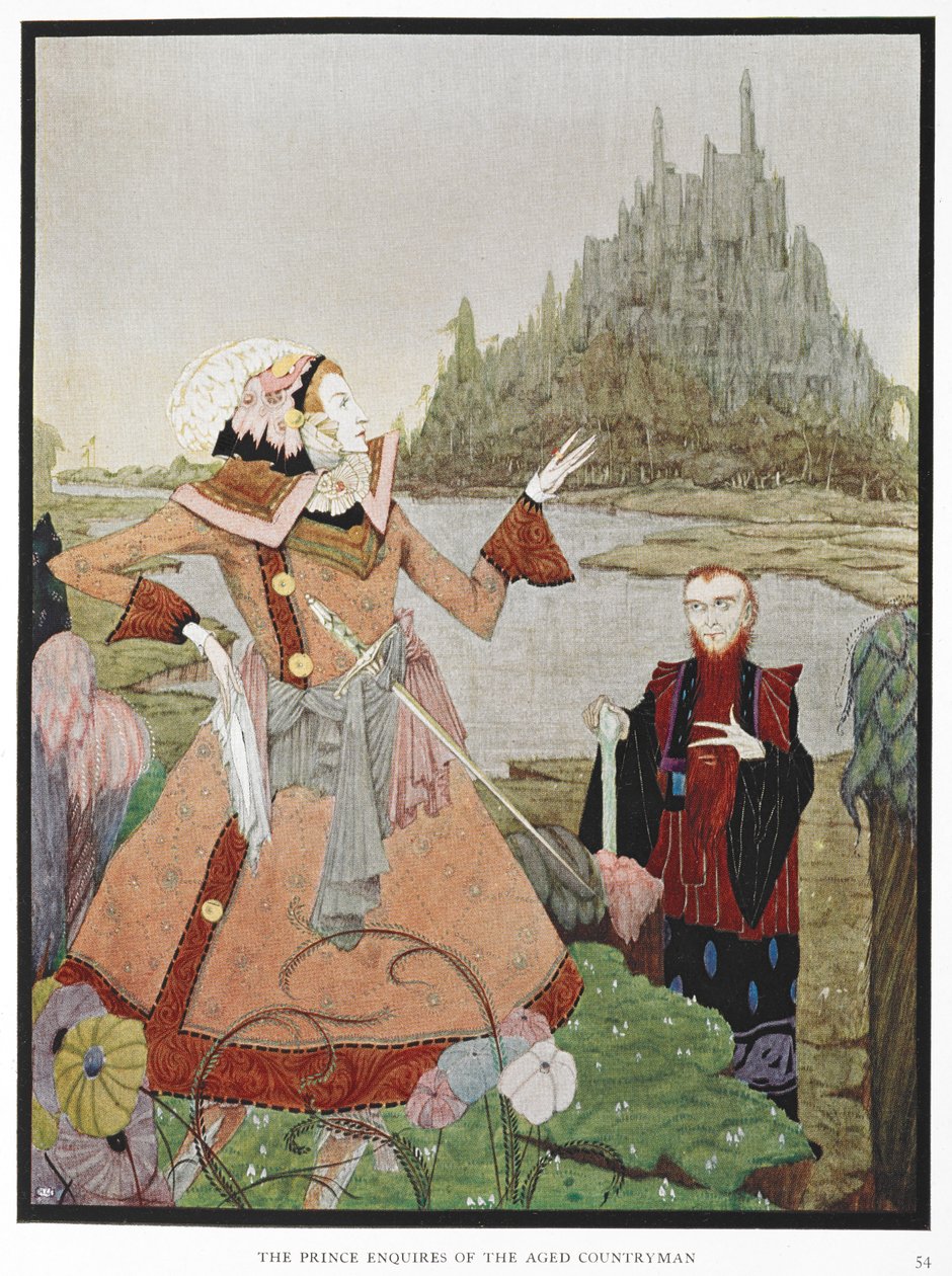 "Prinssi tiedustelee iäkkäältä maanmieheltä." Esimerkki tarinalle "nukkuva kaunotar". tekijältä Harry Clarke