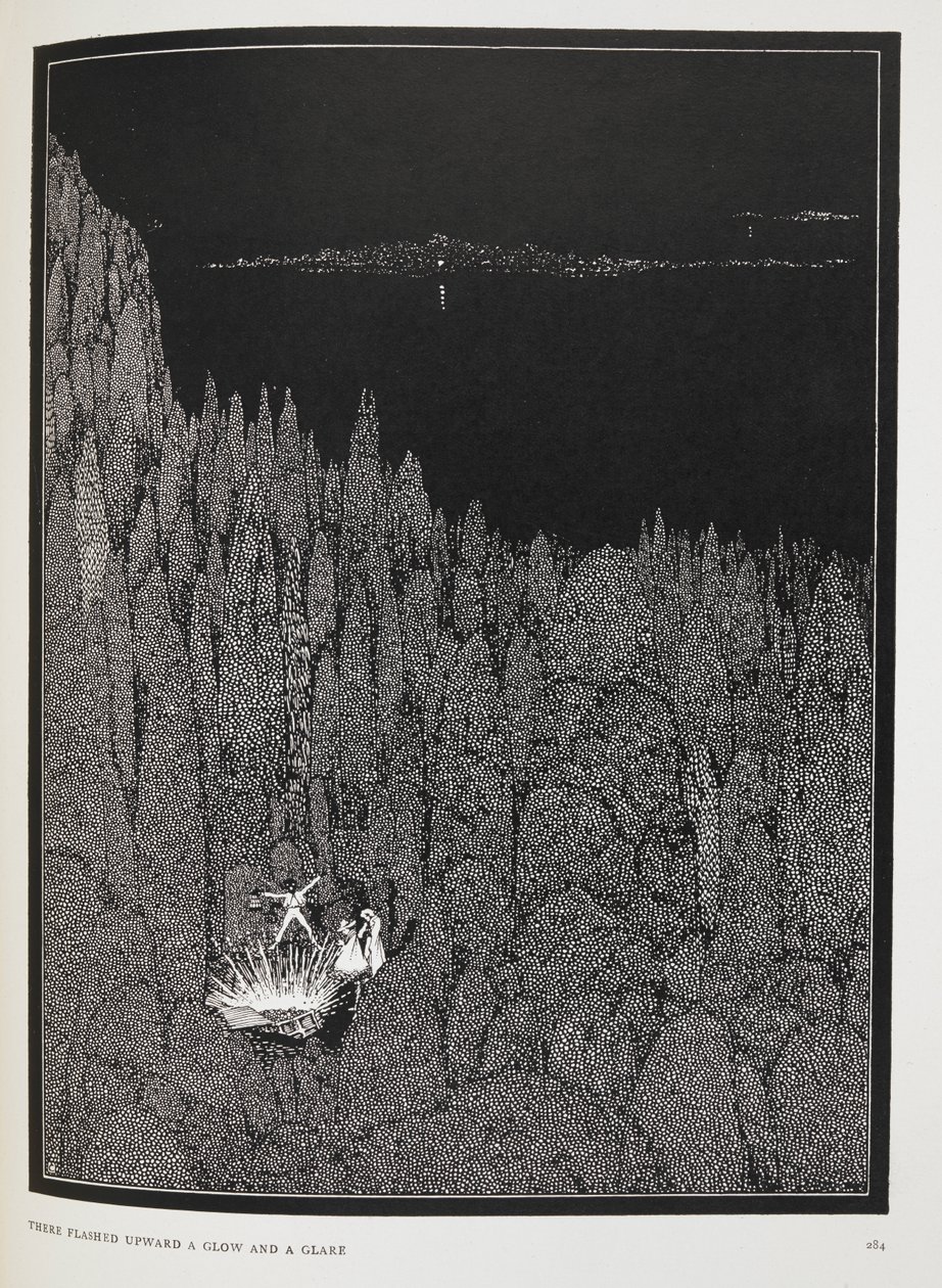Ylöspäin välähti hehku ja häikäisy. Kuvitus novellelle, "kultavika". tekijältä Harry Clarke