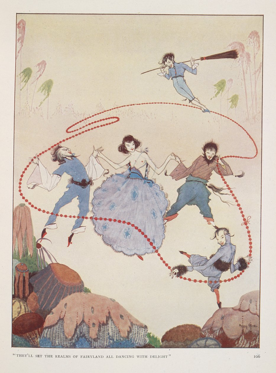 "He saavat satumaan valtakunnat tanssimaan ilosta". Rose Fylemanin kuvitus almuille syksyllä. Figuurit tanssivat ilmassa. tekijältä Harry Clarke