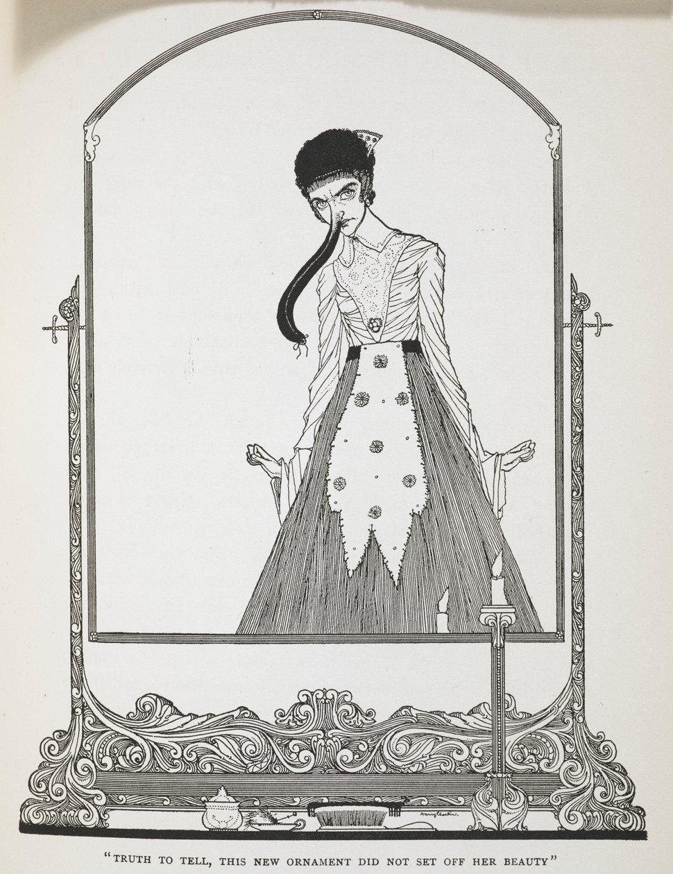 "Totisesti sanottuna tämä uusi koriste ei saanut hänen kauneutensa esiin." Tarinan kuvitus, "naurettavat toiveet". tekijältä Harry Clarke