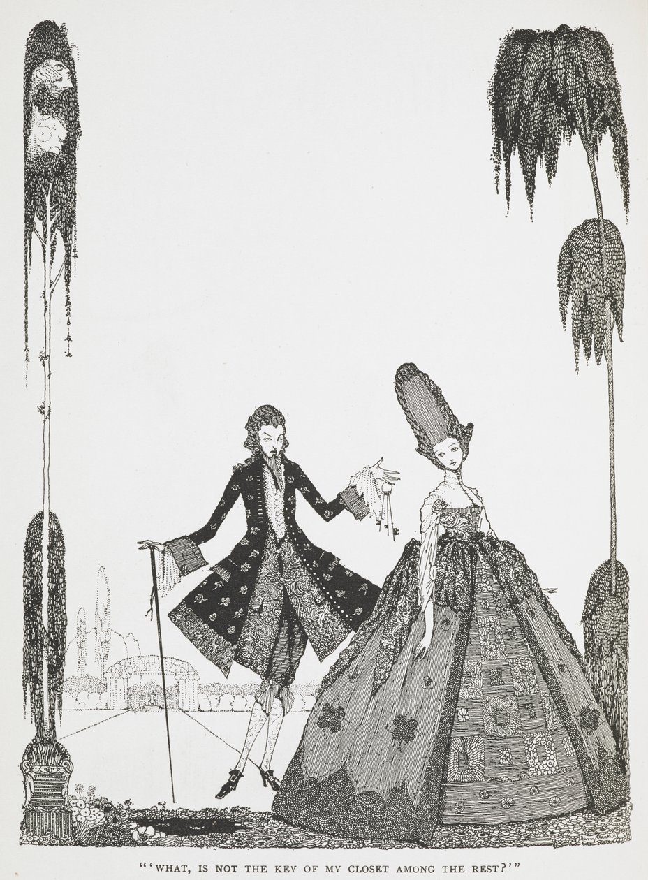 "Mitä, eikö kaapin avain ole muiden joukossa?" Kuvitus tarinaan "Blue Beard". tekijältä Harry Clarke