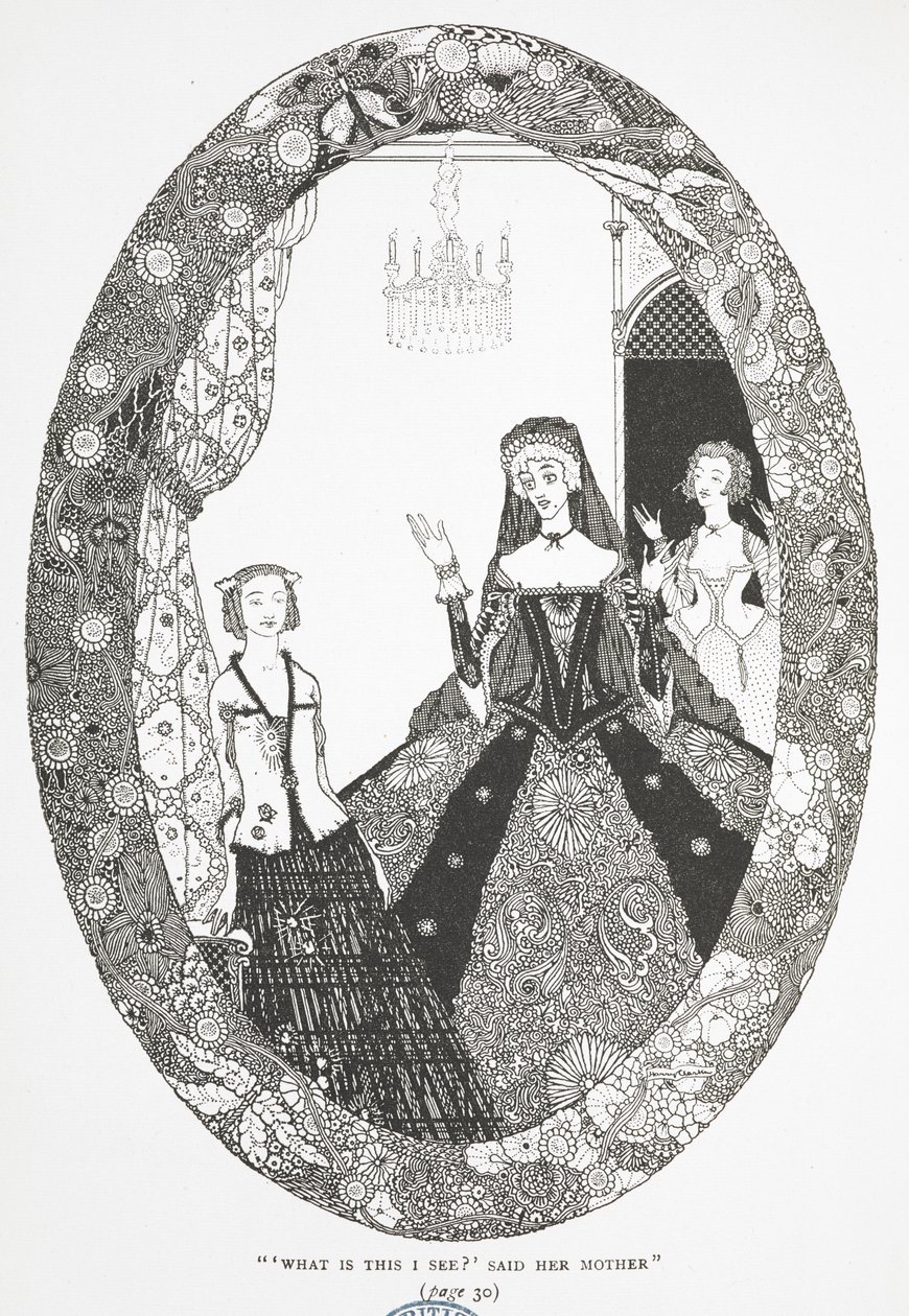 "Mitä tämä on, minä näen?" sanoi hänen äitinsä." Kuvitus tarinalle "keiju". tekijältä Harry Clarke