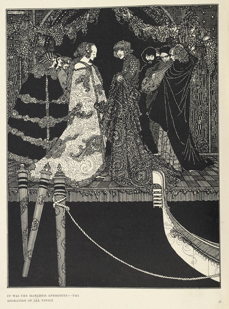 "Se oli Marchesa Aphrodite - koko Venetsian palvonta". Kuvitus tarinalle "tehtävä". tekijältä Harry Clarke