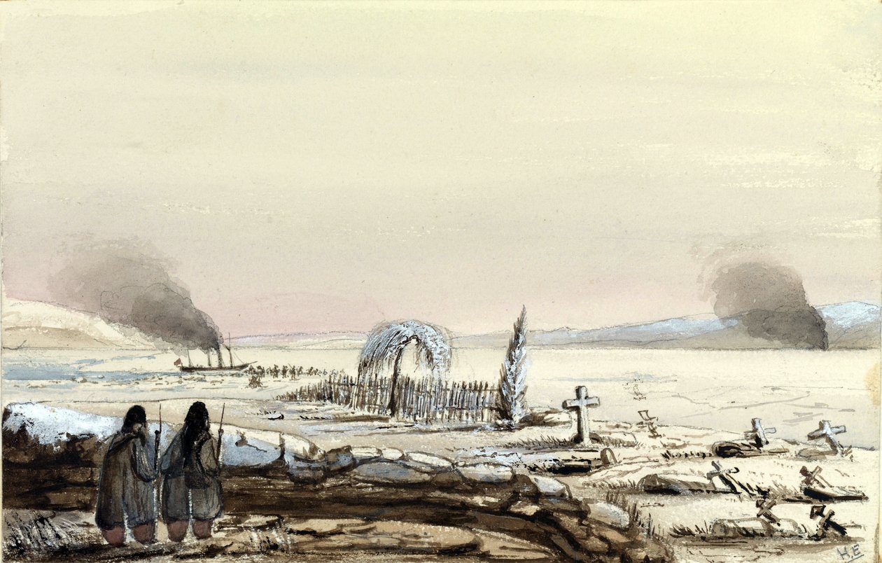 Kinburnin hautausmaa (Ukraina, Venäjä) 1855. HMS Tribune katkaisee Dneprin jäätyneet vedet. Vara-amiraali Harry Edmund Edgellin (1809-1876) maalaus, akvarelli 1855. tekijältä Harry Edmond Edgell