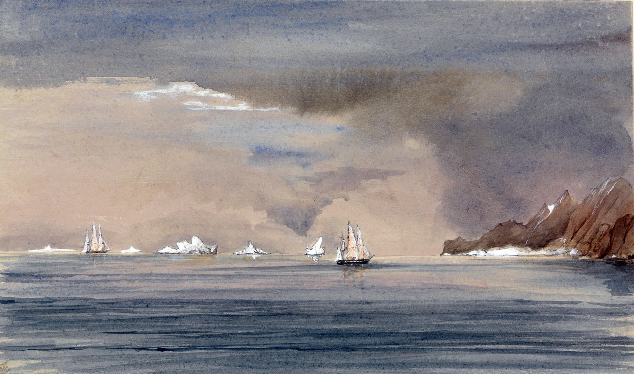 Kap Hornin edustalla (Chile) olevat jäävuoret ja HMS Tribunen siluetti. Vara-amiraali Harry Edmund Edgellin (1809-1876) maalaus, akvarelli 1856. tekijältä Harry Edmond Edgell