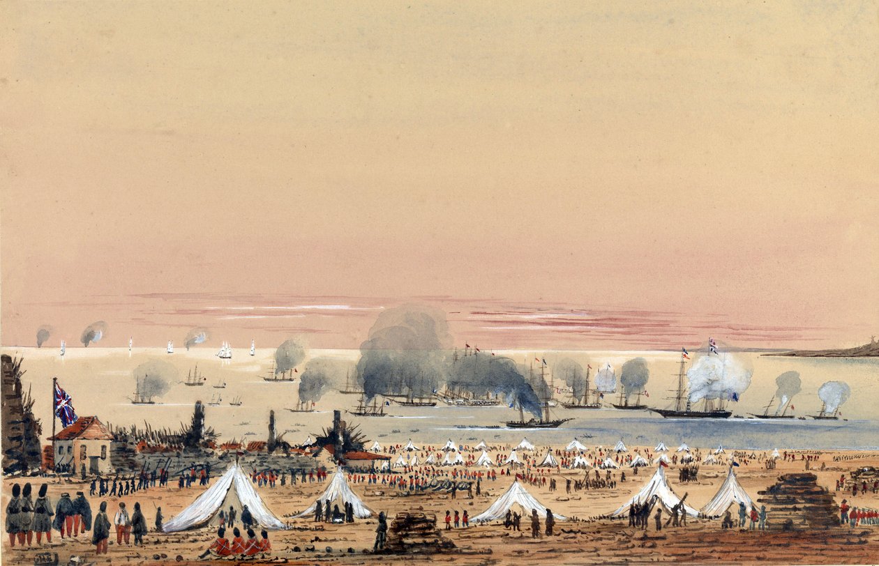 Maihinnousu Kinburniin (Ukraina, Venäjä) lokakuussa 1855, brittiläisen armeijan leiri rannalla, laivasto ankkuroituna rannikon edustalle, mukaan lukien HMS Tribune. tekijältä Harry Edmond Edgell
