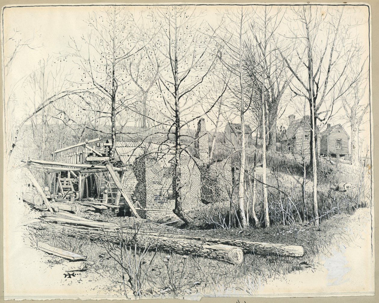 Piirros, Gainesin myllyn nykyinen näkymä itään päin, 1885. tekijältä Harry Fenn