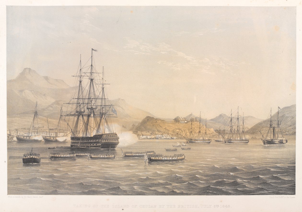 Ison-Britannian Chusanin saaren valtaus, 5. heinäkuuta 1840 (värillinen litografia) tekijältä Harry Francis Darell