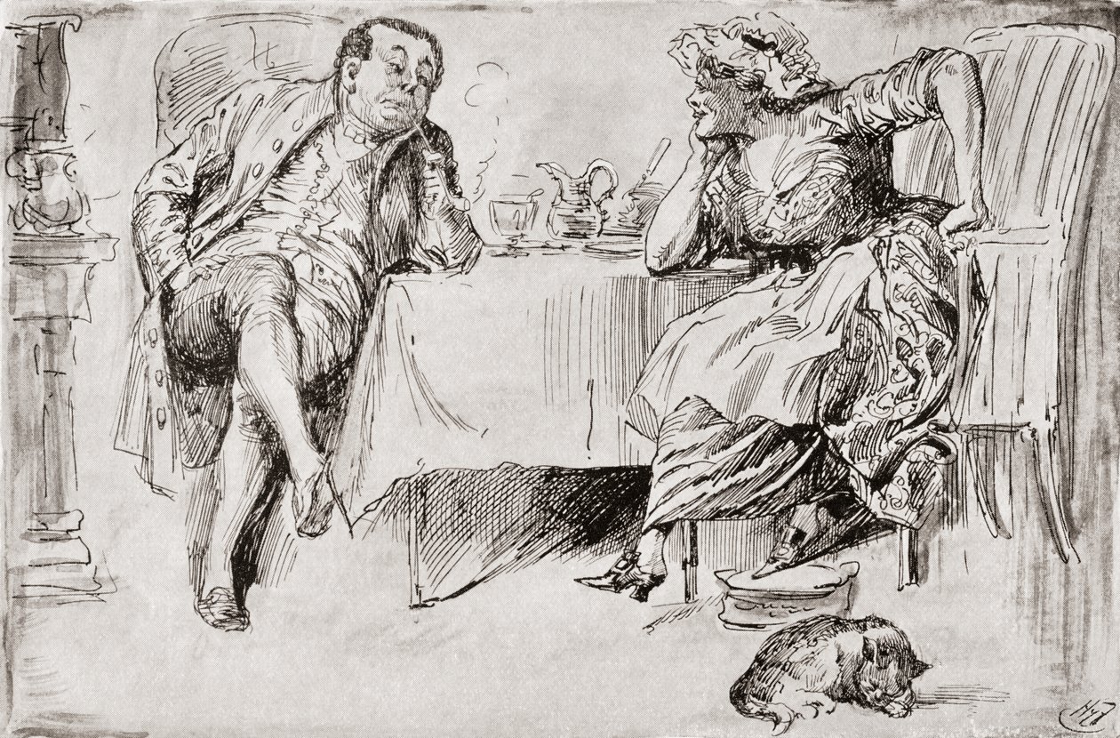 Clemency ja Britannia. "Te ette koskaan mene naimisiin, tiedäthän", sanoi herra Britain. "Etkö kuitenkaan usko, että tulen koskaan?" sanoi Clemency. "Ei ole mahdollista!" "Ajattele vain!" sanoi Clemency. "No! Oletan, että tarkoitat Britanniaa, jonakin näis tekijältä Harry Furniss
