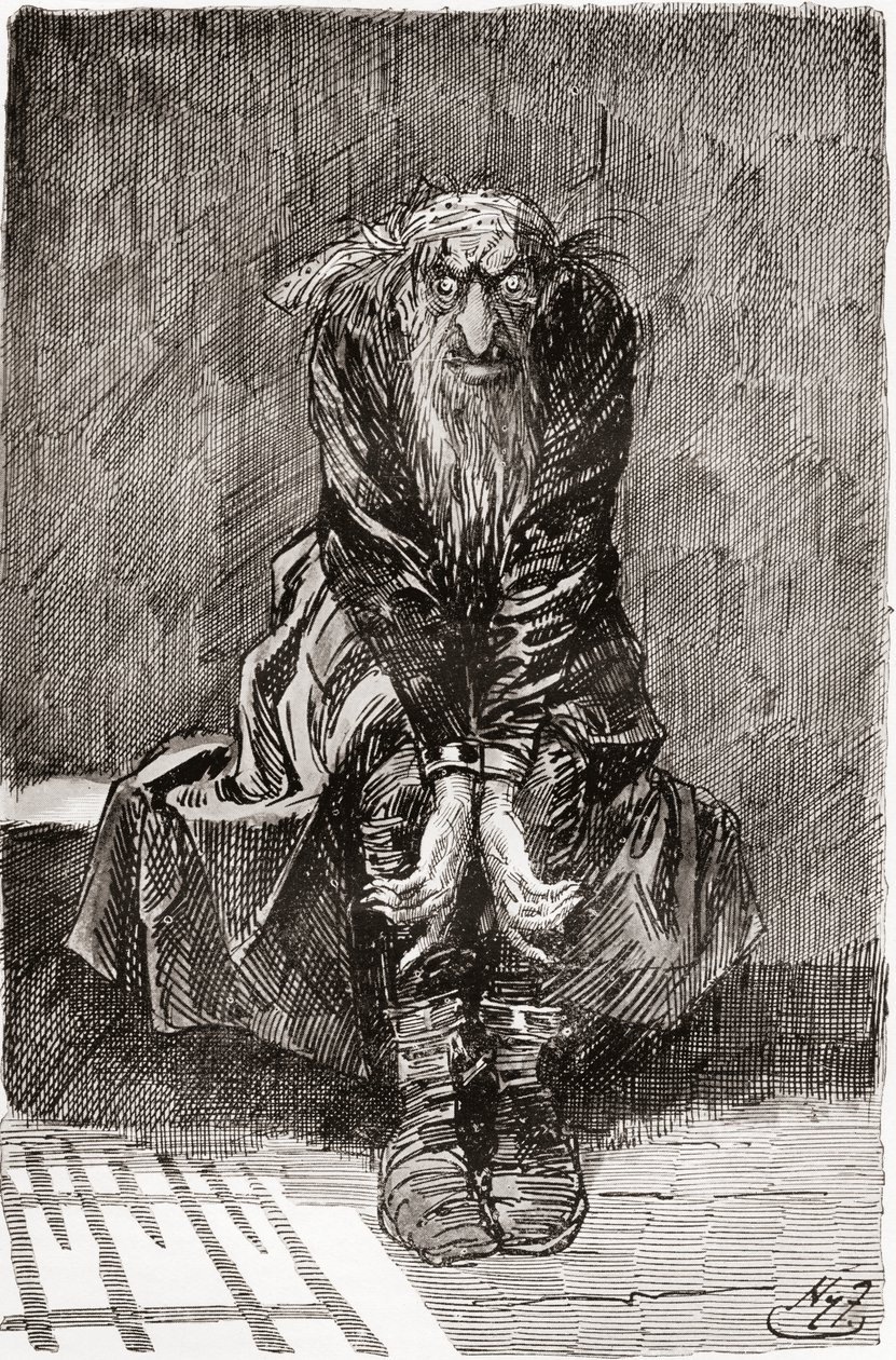 Fagin tuomitun sellissä. "Hän istuutui kivipenkille vastapäätä ovea, joka palveli istuinta ja sänkyä, ja heitti veriset silmänsä pellolle ja yritti kerätä ajatuksiaan." Harry Furnissin kuvitus Charles Dickensin romaanille tekijältä Harry Furniss