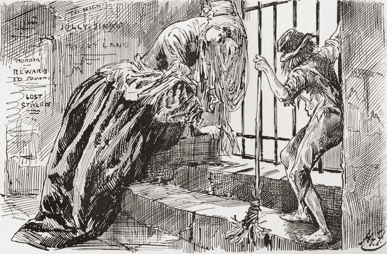 Lady Dedlock ja Jo. "Hänet laitettiin sinne", Jo sanoo pitäen kiinni tangoista ja katsoen sisään, kun taas Lady Dedlock kutistuu nurkkaan. Harry Furnissin kuvitus Charles Dickensin romaanille Bleak House, The Testimonial Editionista, julkaistu 1910. tekijältä Harry Furniss