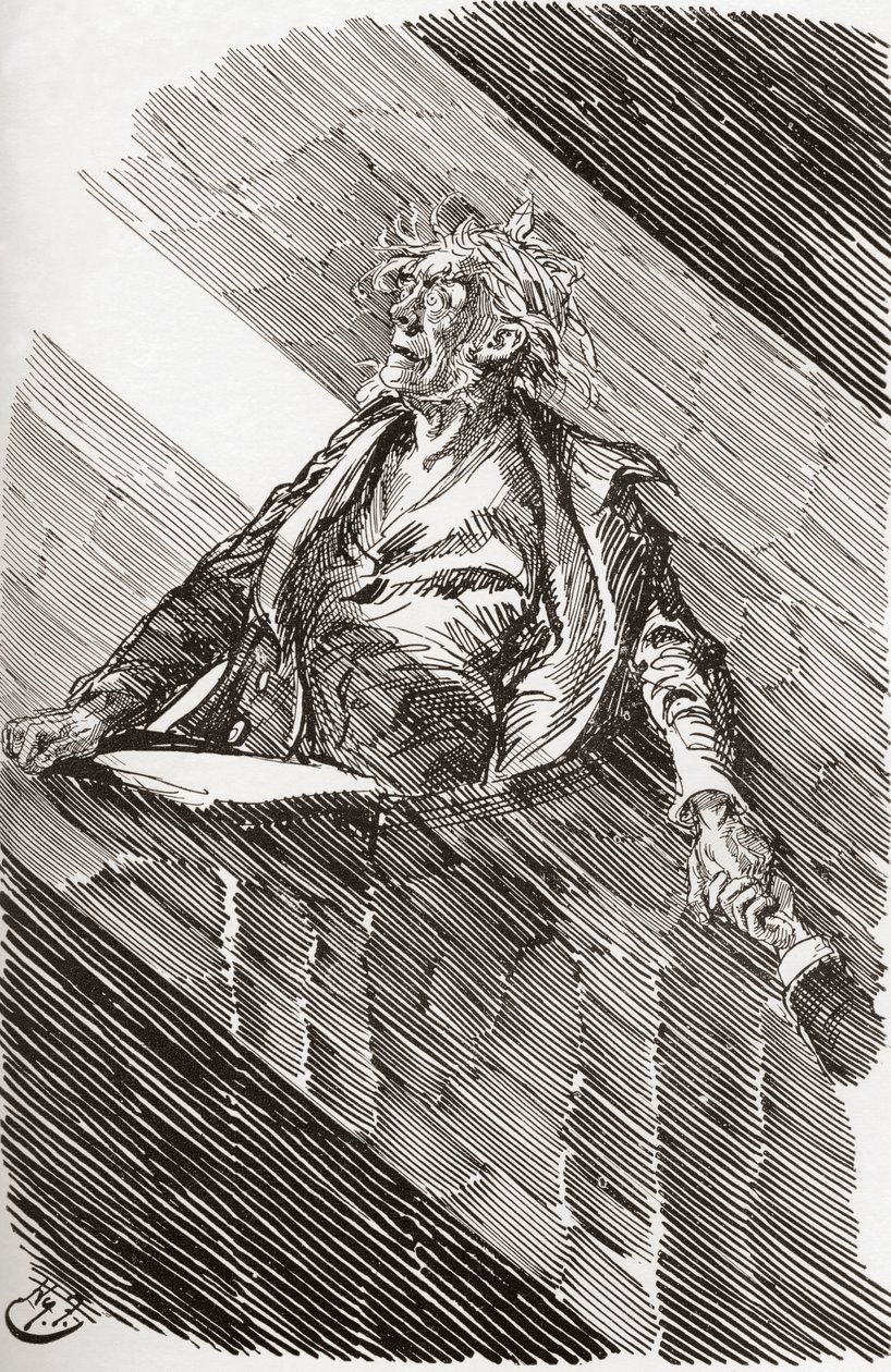 Magwitch sob sentença de morte. "Um amplo feixe de luz entrou pelas grandes janelas do pátio. Erguendo-se por um momento, uma mancha distinta de rosto neste raio de luz, o prisioneiro disse: "Meu Senhor, recebi minha sentença de morte do Todo-Poderoso finl tekijältä Harry Furniss