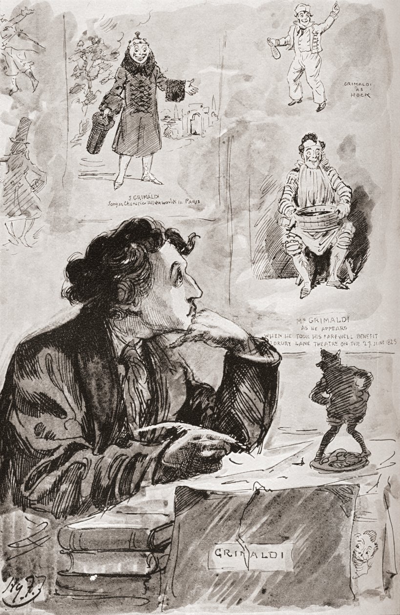Muistoja Grimaldista. Harry Furnissin kuvitus Charles Dickensin romaanille Joseph Grimaldin muistelmat, The Testimonial Edition -julkaisusta, joka julkaistiin vuonna 1910. tekijältä Harry Furniss