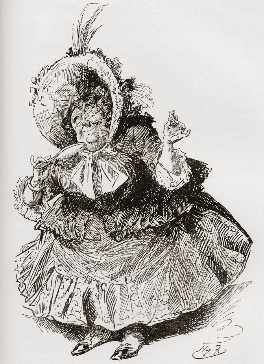 Neiti Mowcher. Harry Furnissin kuvitus Charles Dickensin romaanille David Copperfield, The Testimonial Editionista, julkaistu 1910. tekijältä Harry Furniss