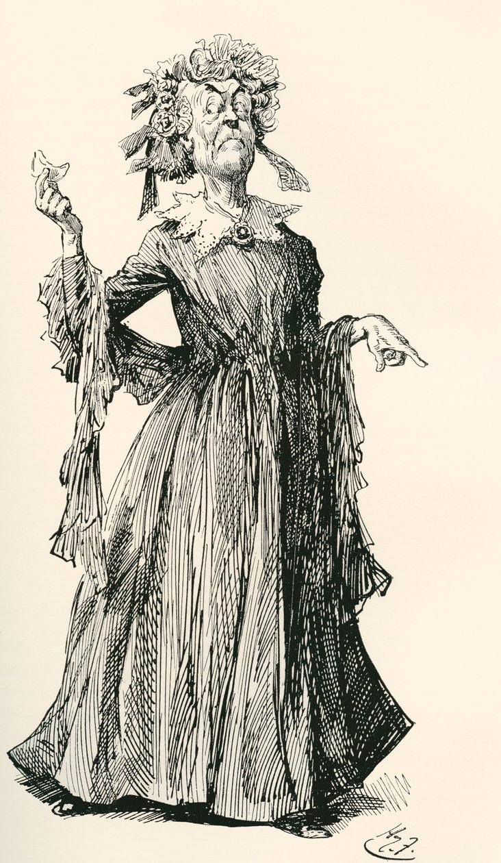 herra F:n täti. Harry Furnissin kuvitus Charles Dickensin romaanille Little Dorrit, The Testimonial Editionista, julkaistu 1910. tekijältä Harry Furniss