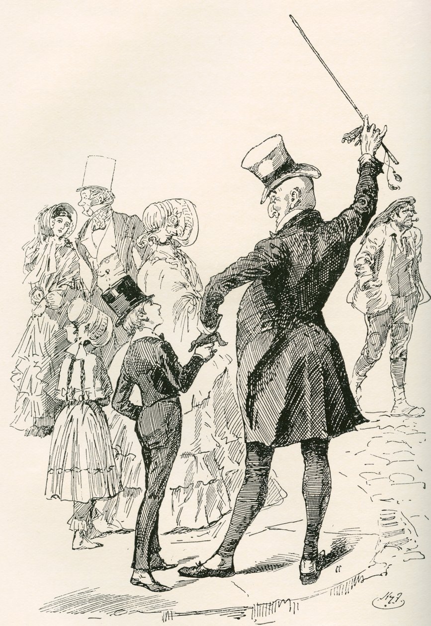 O Sr. Micawber leva David para casa. "Caminhamos juntos para nossa casa, o Sr. Micawber imprimindo os nomes das ruas e as formas das casas de esquina em mim, enquanto avançávamos." Ilustração de Harry Furniss para o romance David Copperfield, de Charles Di tekijältä Harry Furniss