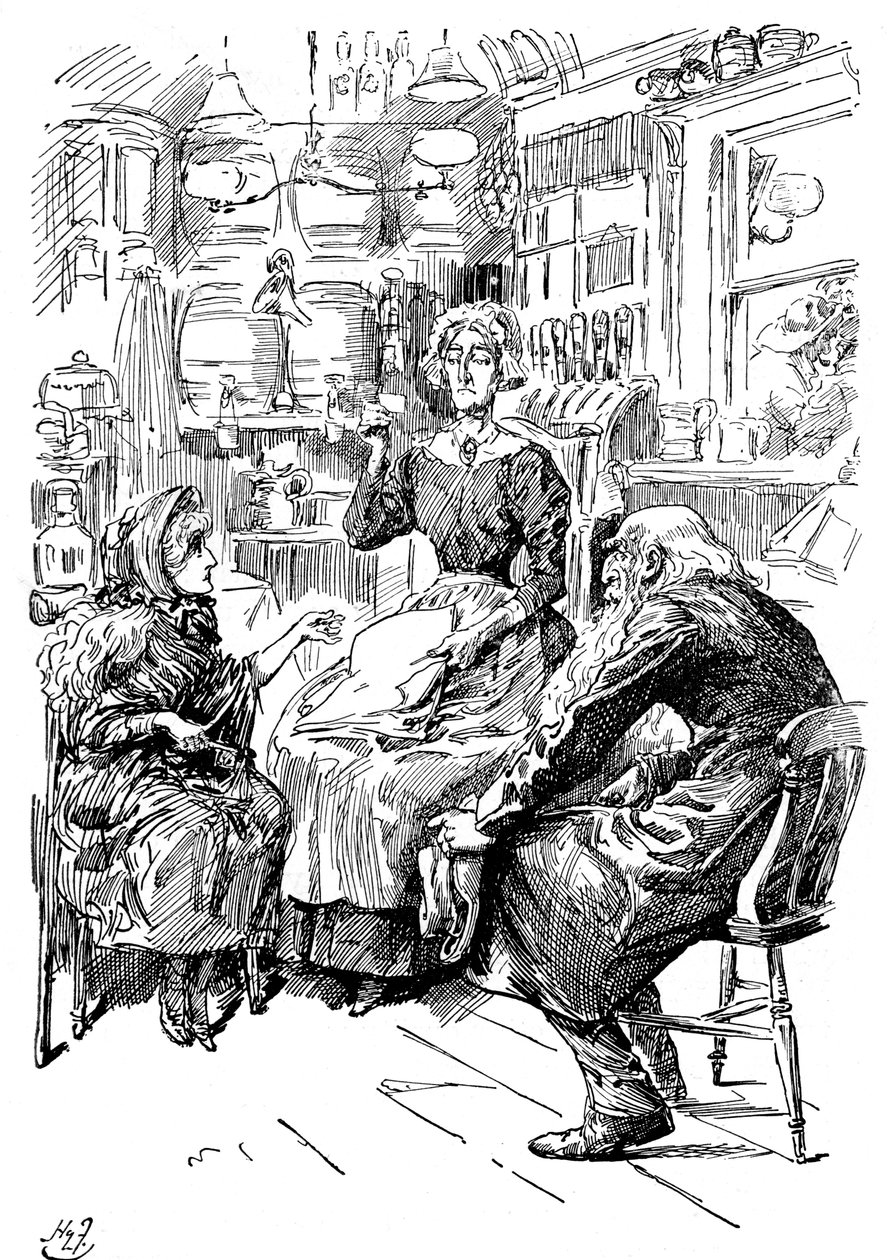 Mr Riah ja neiti Wren Six Jolly Fellowship Portersissa, 1912 tekijältä Harry Furniss