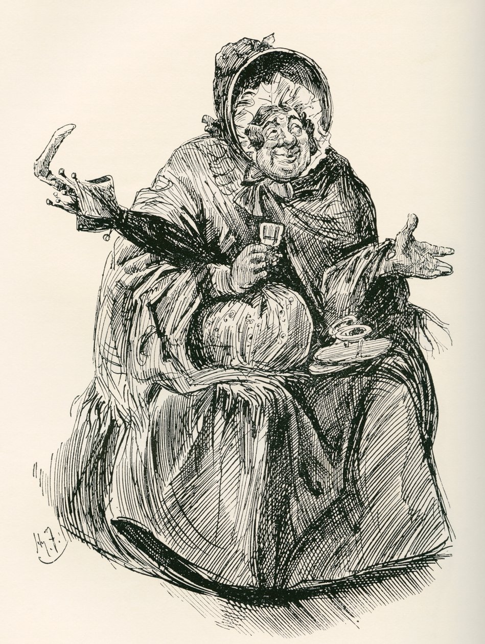 Rouva Gamp. Harry Furnissin kuvitus Charles Dickensin romaanille Martin Chuzzlewit The Testimonial Editionista, julkaistu 1910. tekijältä Harry Furniss