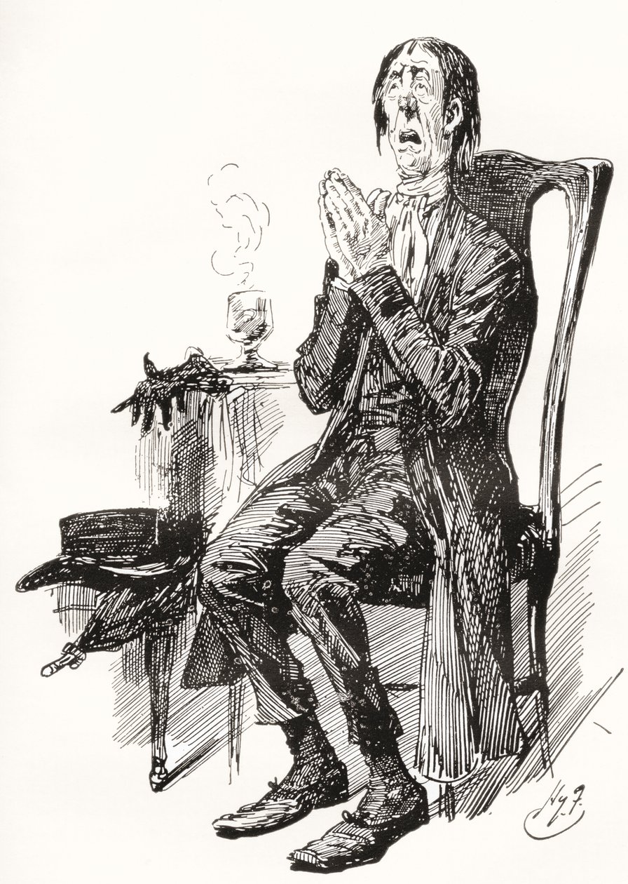Stiggins. Harry Furnissin kuvitus Charles Dickensin romaanille The Pickwick Papers, The Testimonial Editionista, julkaistu vuonna 1910. tekijältä Harry Furniss