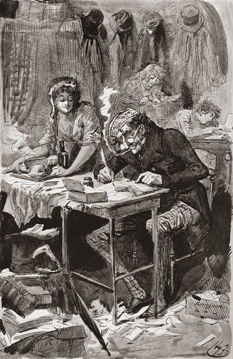 Kerjäävä kirjeen kirjoittaja. Harry Furnissin kuvitus Charles Dickensin romaanille Great Expectations, The Testimonial Edition -julkaisusta, joka julkaistiin vuonna 1910. tekijältä Harry Furniss