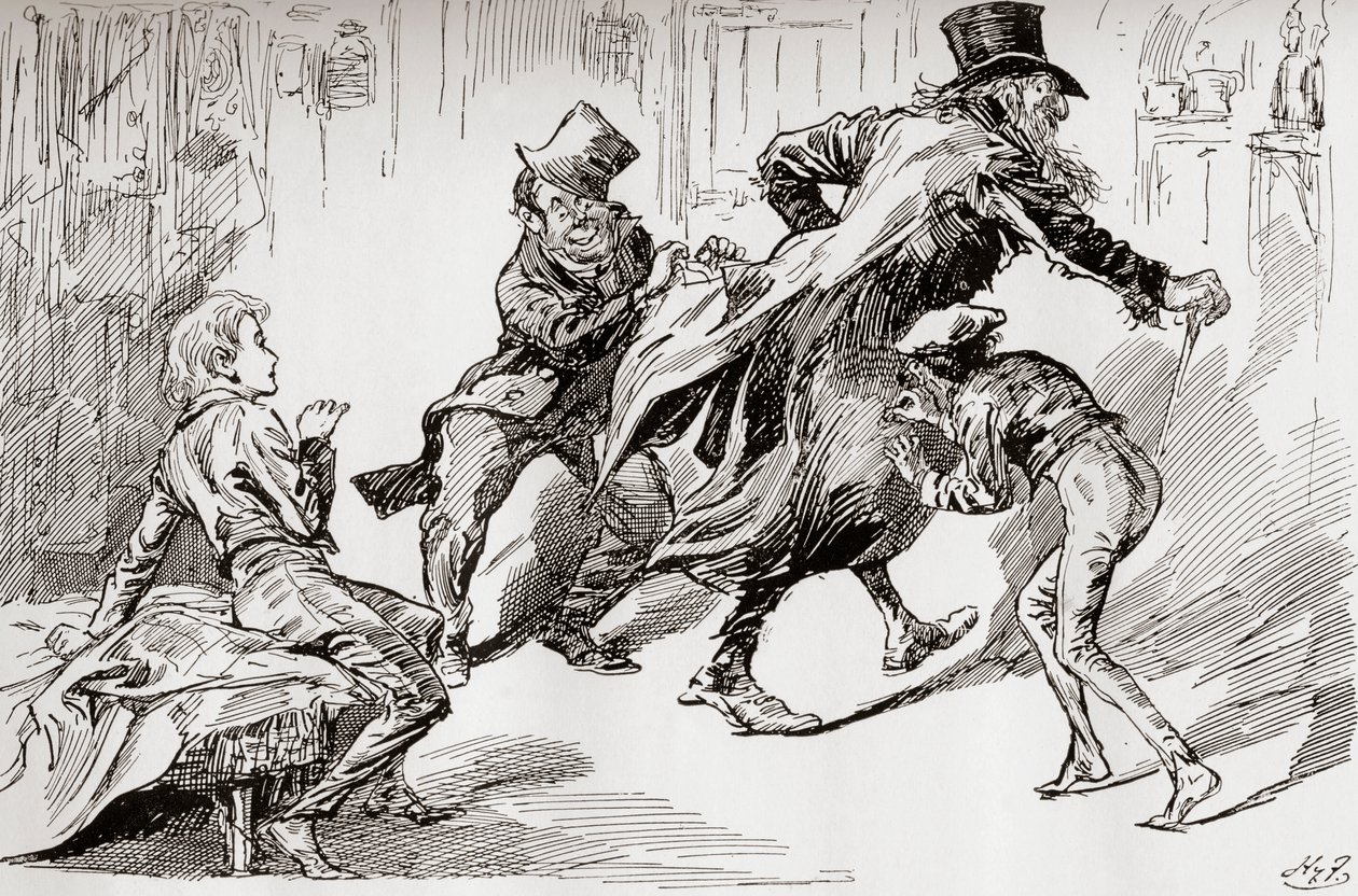 Varkaiden keittiö. Oliverille näytetään, miten se tehdään, kuvitus Charles Dickensin teoksesta "Oliver Twist", The Testimonial Edition, julkaistu 1910. tekijältä Harry Furniss