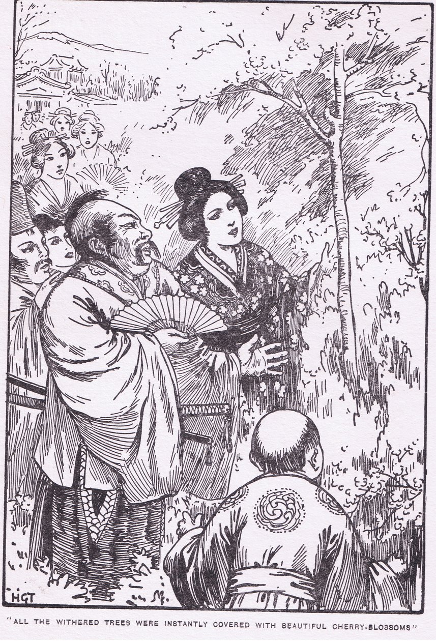 Kaikki kuihtuneet puut peittyivät välittömästi kauniiseen kirsikankukkaan (The Old Man who made Withered Trees Blossom) (litografia). tekijältä Harry George Theaker