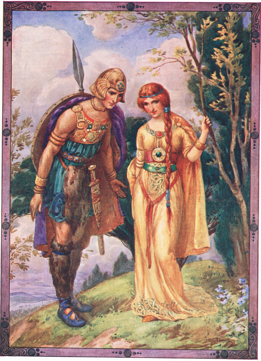 "Anna minulle lupa olla kosijasi" (Dyfedin prinssistä) (värilitografia) tekijältä Harry George Theaker
