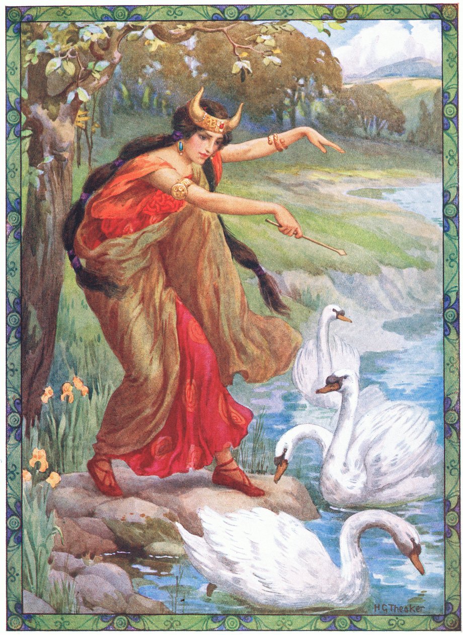 "Neljän lapsen sijasta mitä hän näki" (Lirin lapsista) (värilitografia) tekijältä Harry George Theaker