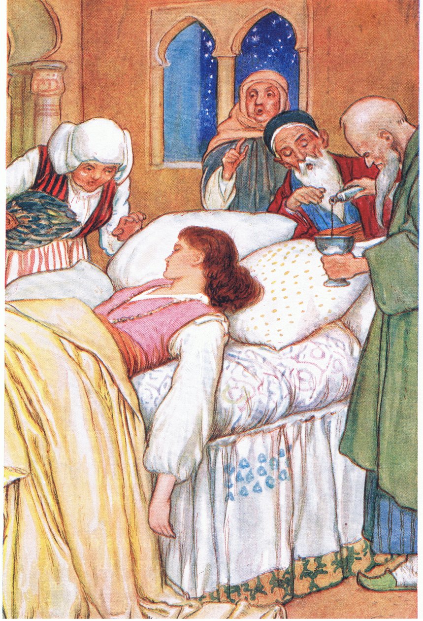 Prinsessa Aldebonda ja hänen lääkärinsä (tarinasta "Rakkauden pyhiinvaeltajat"), kuvitus teoksesta "Tales of Alhambra", n. 1940 (värilitografia). tekijältä Harry George Theaker