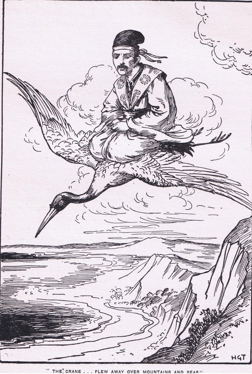 Kurki lensi yli vuorten ja merien (Sentaron tarinasta) (litografia) tekijältä Harry George Theaker