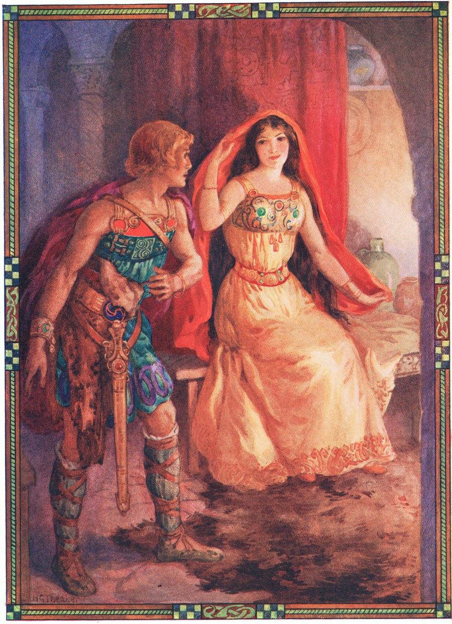 Nainen paljasti kasvonsa (teoksesta The Loathly Lady and the Gallant Knight) (värilitografia) tekijältä Harry George Theaker