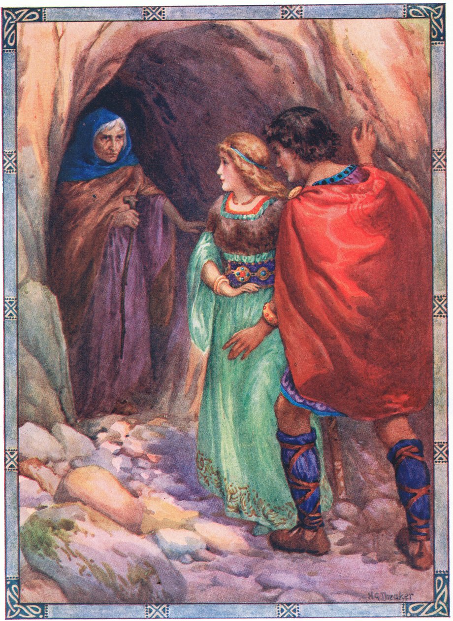 He tulivat luolaan meren rannalla (Diarmud ja Grania) (värilitografia). tekijältä Harry George Theaker