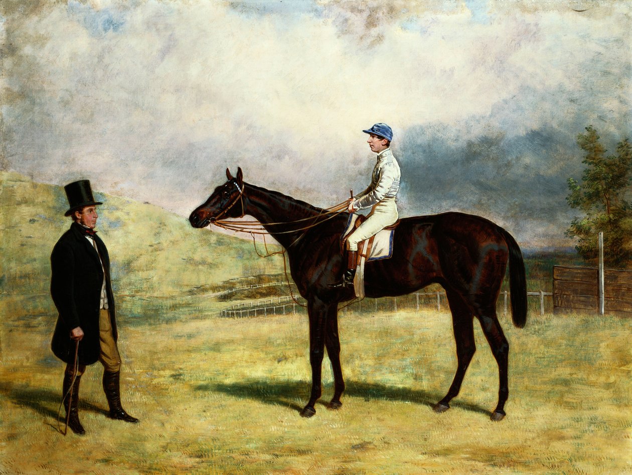 Gentleman kilpahevosensa kanssa Jockey Up on a Racecourse, 1863 tekijältä Harry Hall