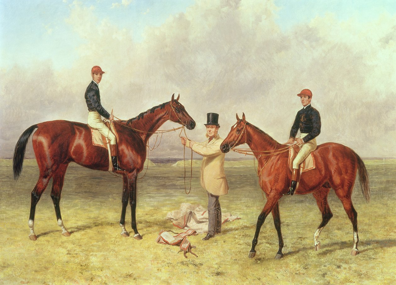 Vasemmalta Lord Lyon, Derbyn, St. Legerin ja 2000 guinean voittaja; Elland, Ascot Gold Vase -kilpailun voittaja, omisti Sir R. Sutton, valmensi James Dover, 1866. tekijältä Harry Hall