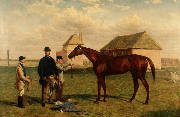 "Thunderbolt", kastanjakilpahevonen omistajansa ja Jockeyn kanssa tekijältä Harry Hall