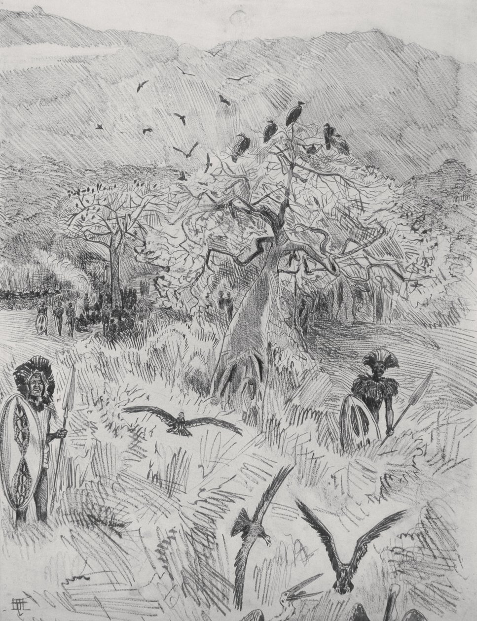 Masai Camp, n. 1884 (kynä paperille) tekijältä Harry Hamilton Johnston