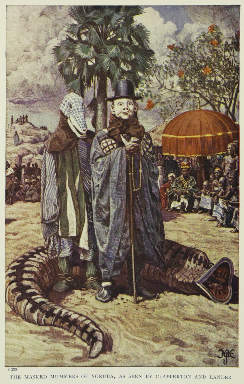 Clappertonin ja Landerin naamioituneet joruban mummit, kuvitus teoksesta "Pioneers of West Africa", 1912 tekijältä Harry Hamilton Johnston