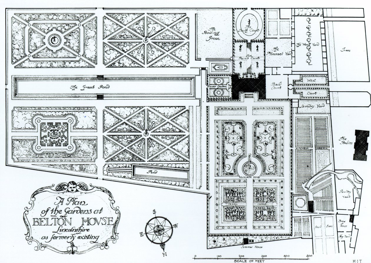 Plan of the Gardens at Belton House, Lincolnshire, entisessä muodossaan, n. 1900 tekijältä Harry Inigo Triggs