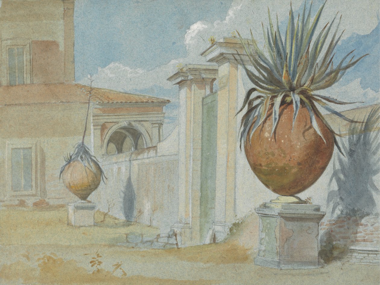 Villa Massimo, Rooma: Palmujen reunustama portti suurissa savipurkeissa tekijältä Harry John Johnson