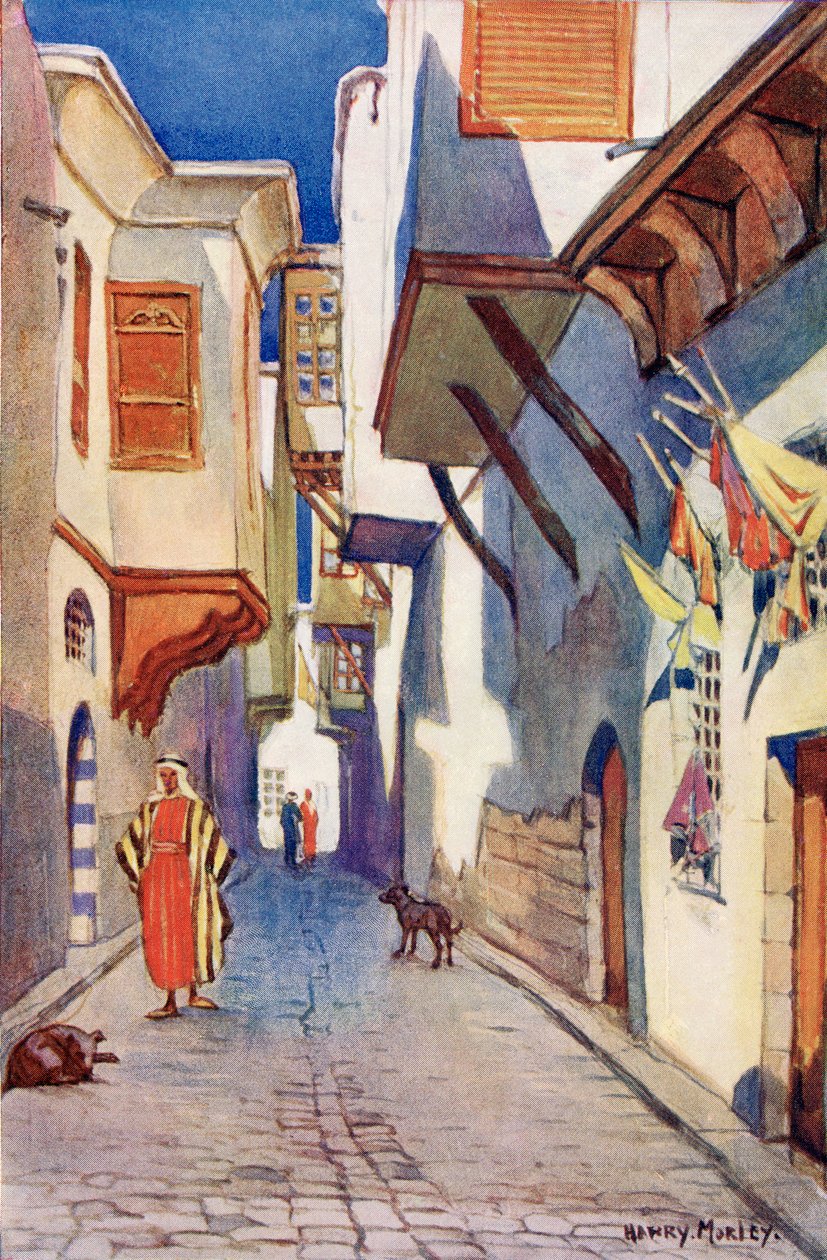 Katu Damaskoksessa, Syyriassa, n. 1910, Richard Penlaken julkaisemasta A Book of Modern Palestine -kirjasta, n. 1910. tekijältä Harry Morley